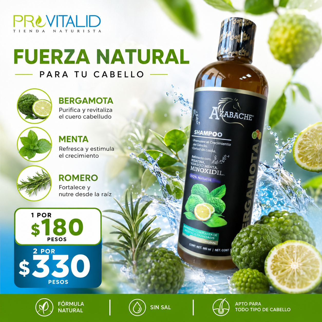 Shampoo de Bergamota, Menta y Minoxidil | Limpieza Profunda y Crecimiento Capilar