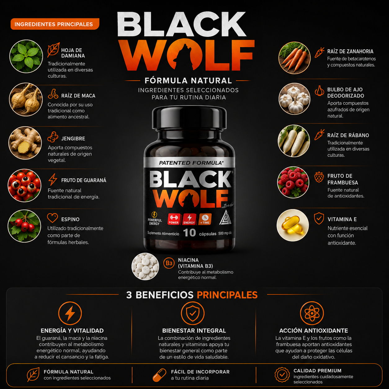 Black Wolf® | Fórmula Masculina con Maca, Damiana y Guaraná 🐺🔥