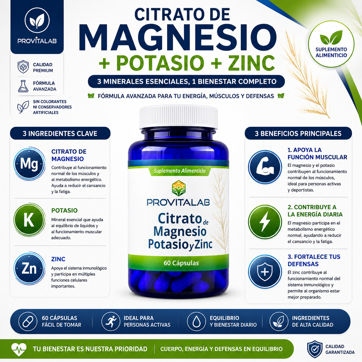 Citrato de Magnesio + Potasio + Zinc | 60 Cápsulas | Soporte Muscular y Bienestar Diario