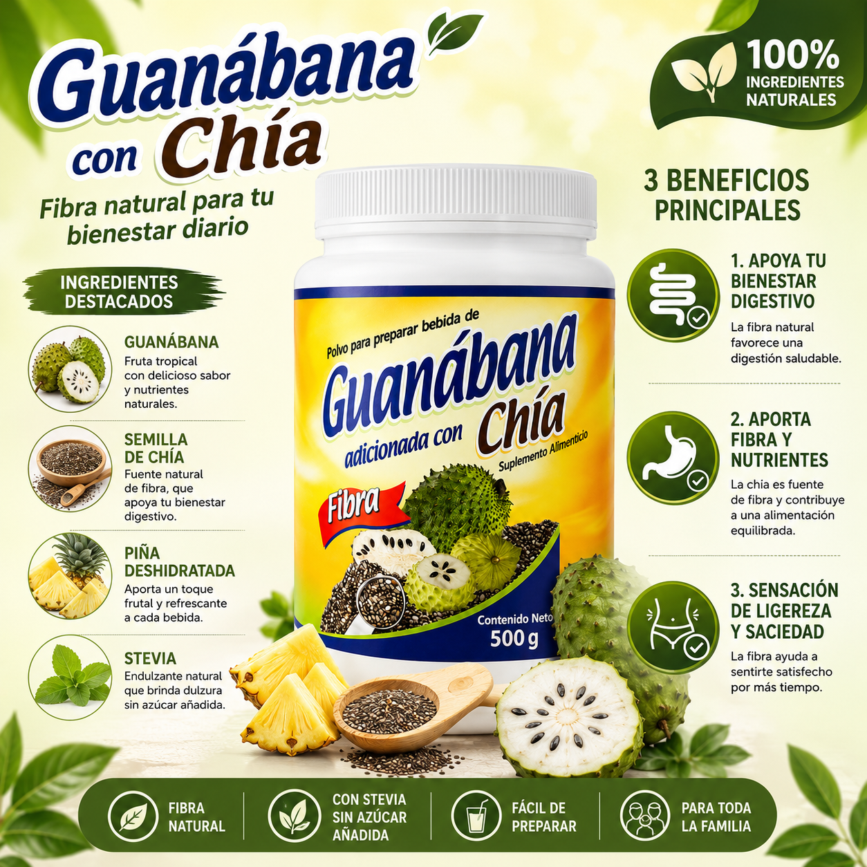 Guanábana con Chía y Piña | Fibra Natural y Endulzada con Stevia | 500 g