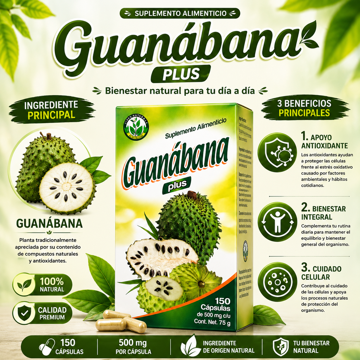 Guanábana Plus | 150 Cápsulas de 500 mg | Fuente Natural de Antioxidantes