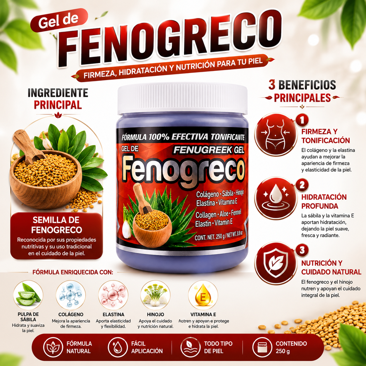 Gel de Fenogreco | Con Colágeno, Elastina, Sábila y Vitamina E | 250 g
