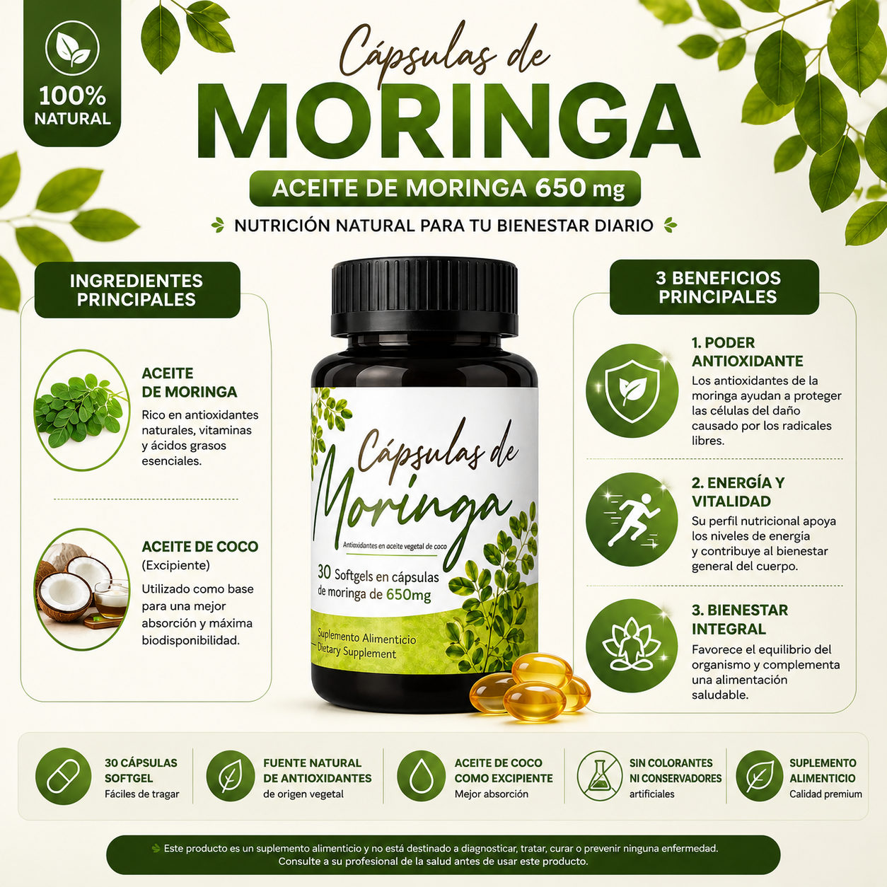 Aceite de Moringa 650 mg | 30 Softgels | Fuente Natural de Antioxidantes