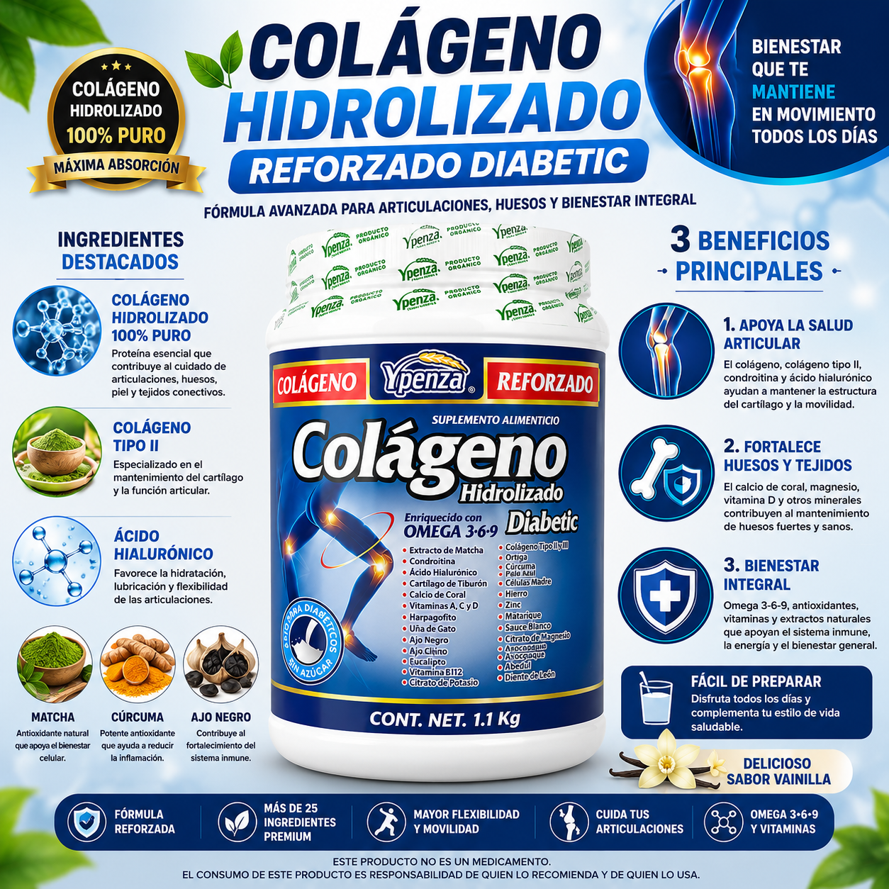 Colágeno Hidrolizado Reforzado Diabetic | Omega 3-6-9, Colágeno Tipo II y Ácido Hialurónico | 1.1 kg