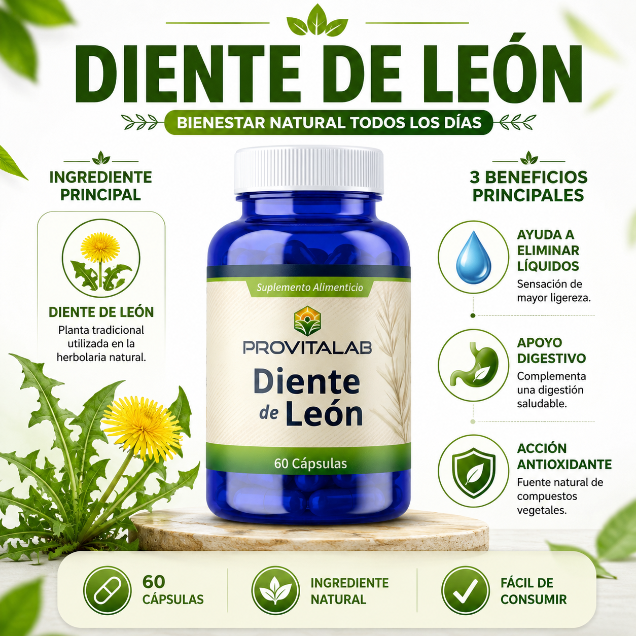 Diente de León Provitalab 60 Cápsulas | Apoyo Digestivo, Hepático y Bienestar Natural