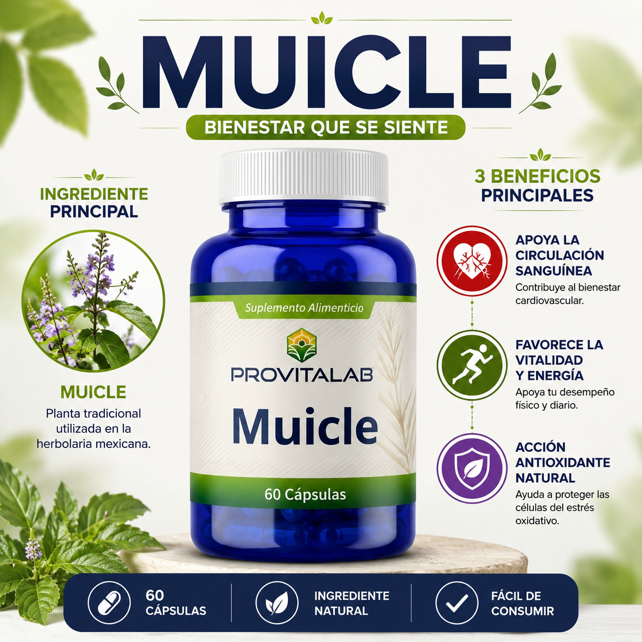 Muicle Provitalab 60 Cápsulas | Apoyo Circulatorio, Antioxidante y Bienestar General