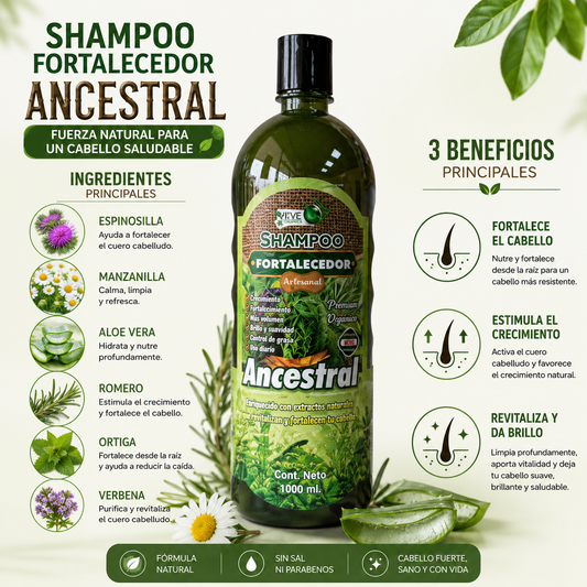 Shampoo Fortalecedor Ancestral | Romero, Aloe Vera y Ortiga | Limpieza Profunda, Fortalece el Cabello y Favorece su Crecimiento | 1 Litro