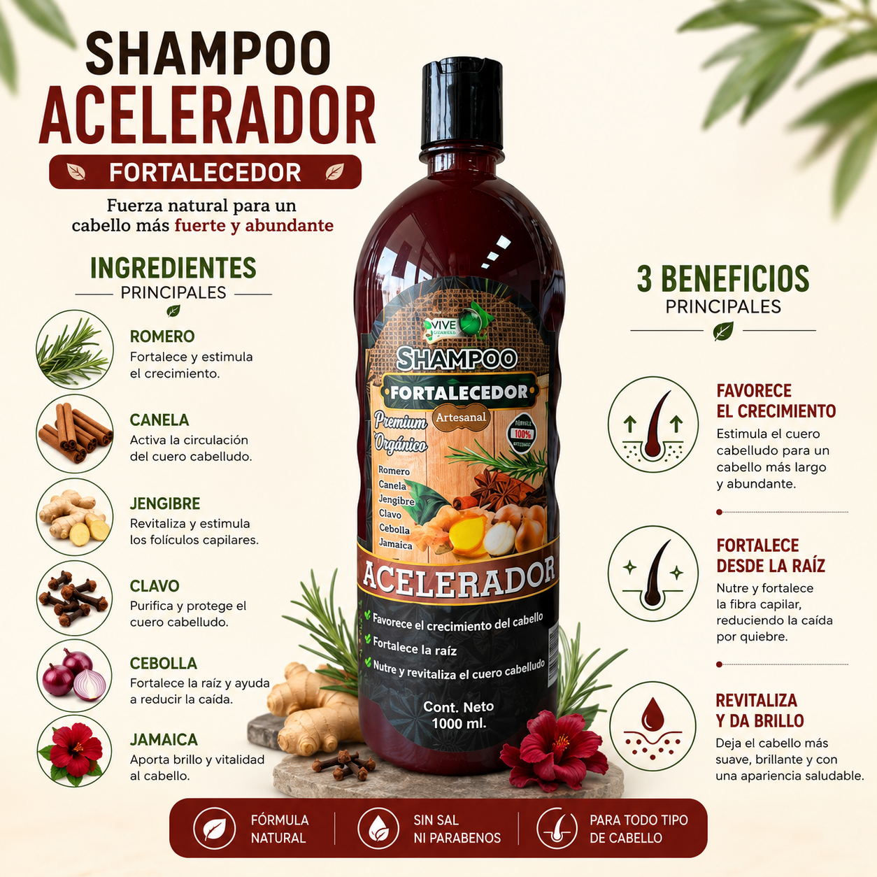 Shampoo Fortalecedor Acelerador | Romero, Jengibre y Cebolla | Favorece el Crecimiento, Fortalece y Revitaliza el Cabello | 1 Litro
