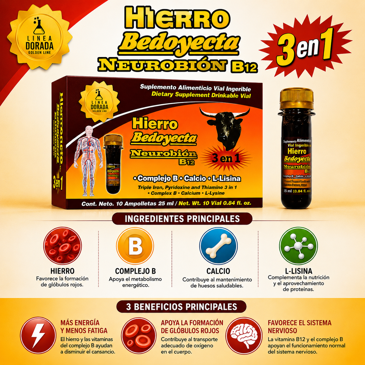 Hierro + Bedoyecta + Neurobión B12 3 en 1 | Complejo B, Calcio y L-Lisina | Energía, Formación de Glóbulos Rojos y Sistema Nervioso | 10 Ampolletas Bebibles