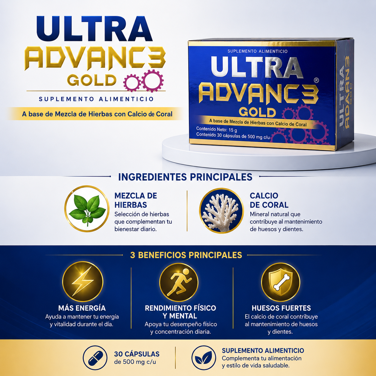 Ultra Advance Gold | Fórmula Herbal con Calcio de Coral | Energía, Rendimiento Físico y Mental | 30 Cápsulas
