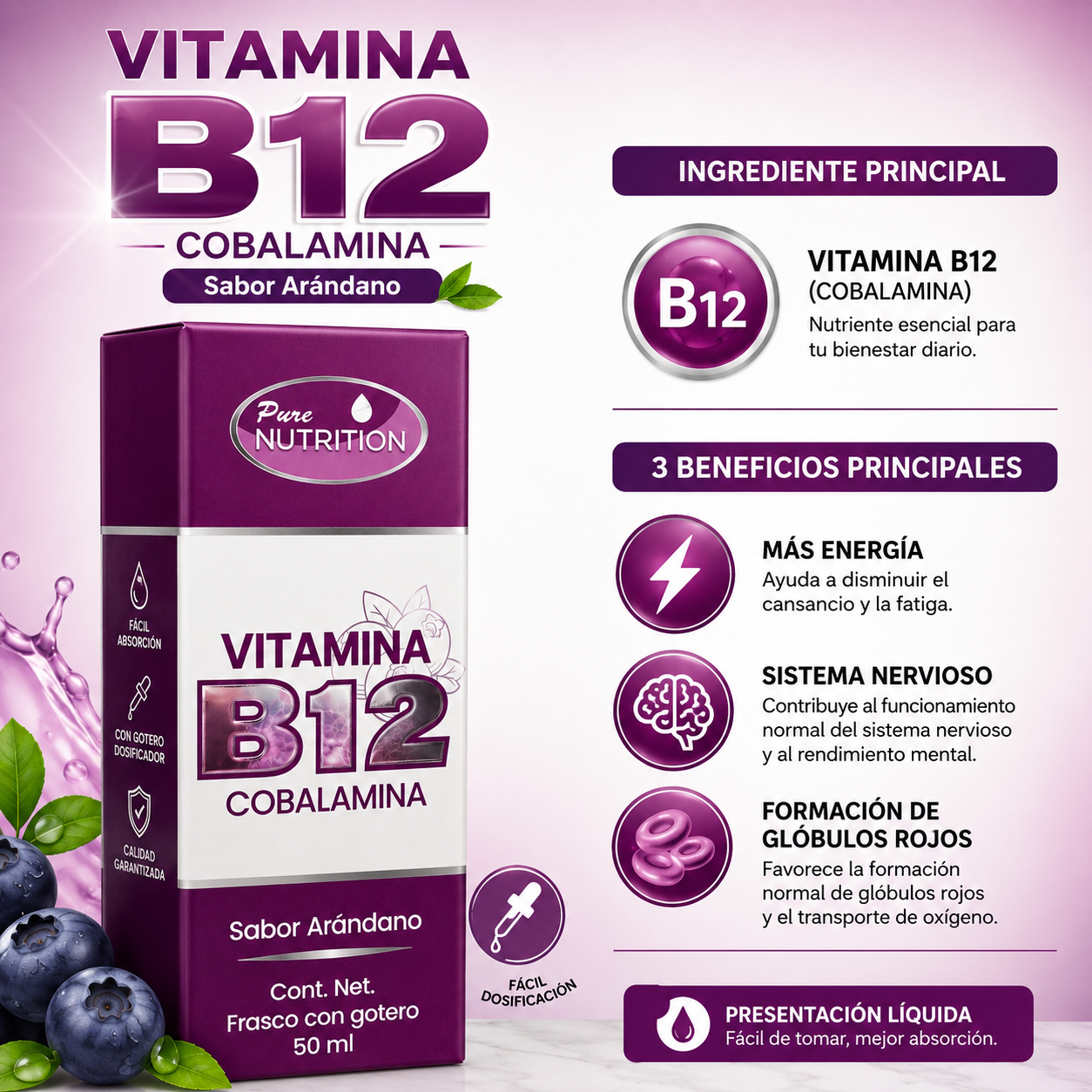 Vitamina B12 Cobalamina Líquida Sabor Arándano | Apoya la Energía, Sistema Nervioso y Concentración | Frasco con Gotero 50 ml