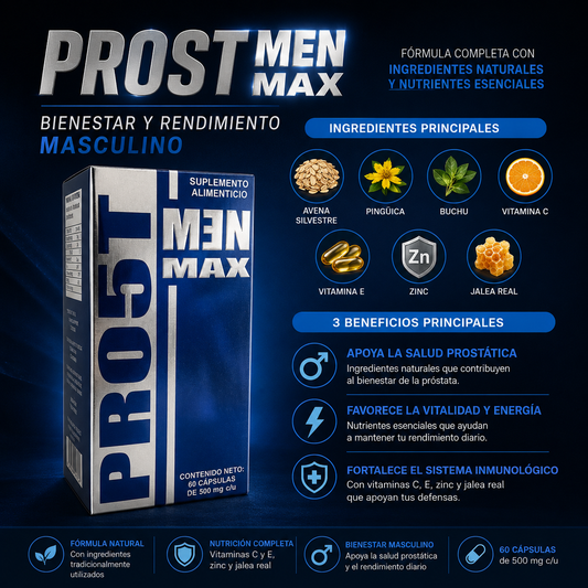 Prost Men Max | Fórmula con Avena Silvestre, Pingüica, Buchu, Zinc y Jalea Real | Bienestar Masculino y Salud Prostática