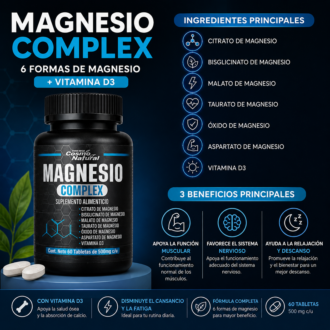 Magnesio Complex | 6 Formas de Magnesio + Vitamina D3 | Apoyo Muscular, Nervioso y Descanso | 60 Tabletas