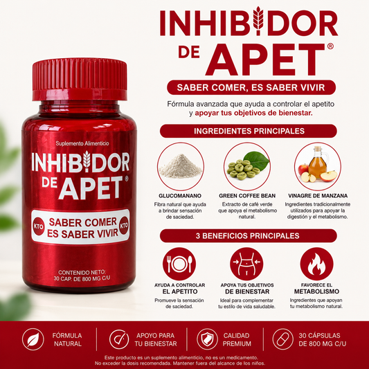 Inhibidor de Apetito con Glucomanano, Café Verde y Vinagre de Manzana | Apoyo para el Control del Apetito y Bienestar | 30 Cápsulas