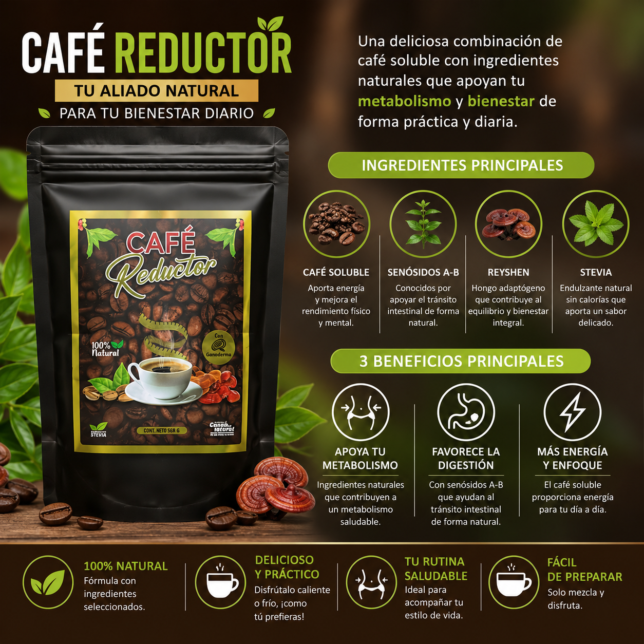 Café Reductor con Senósidos A-B, Ganoderma (Reyshen) y Stevia | Apoyo para el Metabolismo y Bienestar Digestivo | 300g