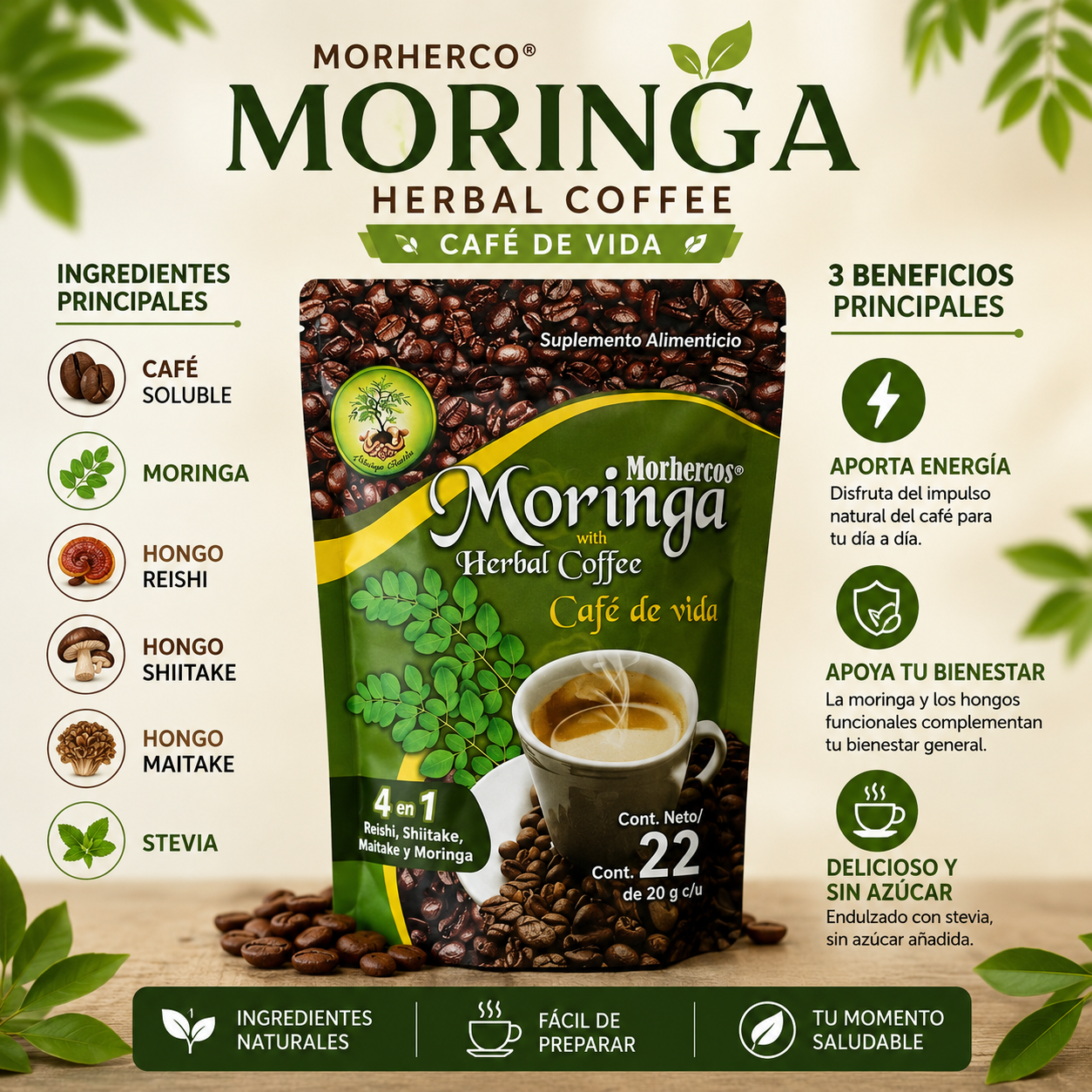 Café de Moringa con Reishi, Shiitake y Maitake | Café Soluble con Stevia | Apoyo para Energía y Bienestar Diario | 22 Sobres