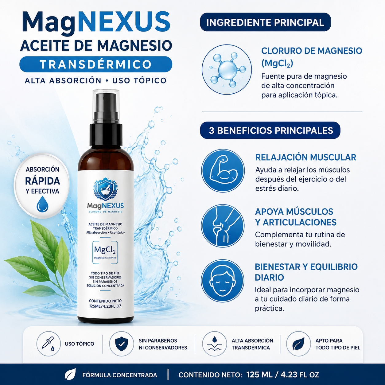 Aceite de Magnesio Transdérmico MagNEXUS | Cloruro de Magnesio de Alta Absorción | Uso Tópico | 125 ml