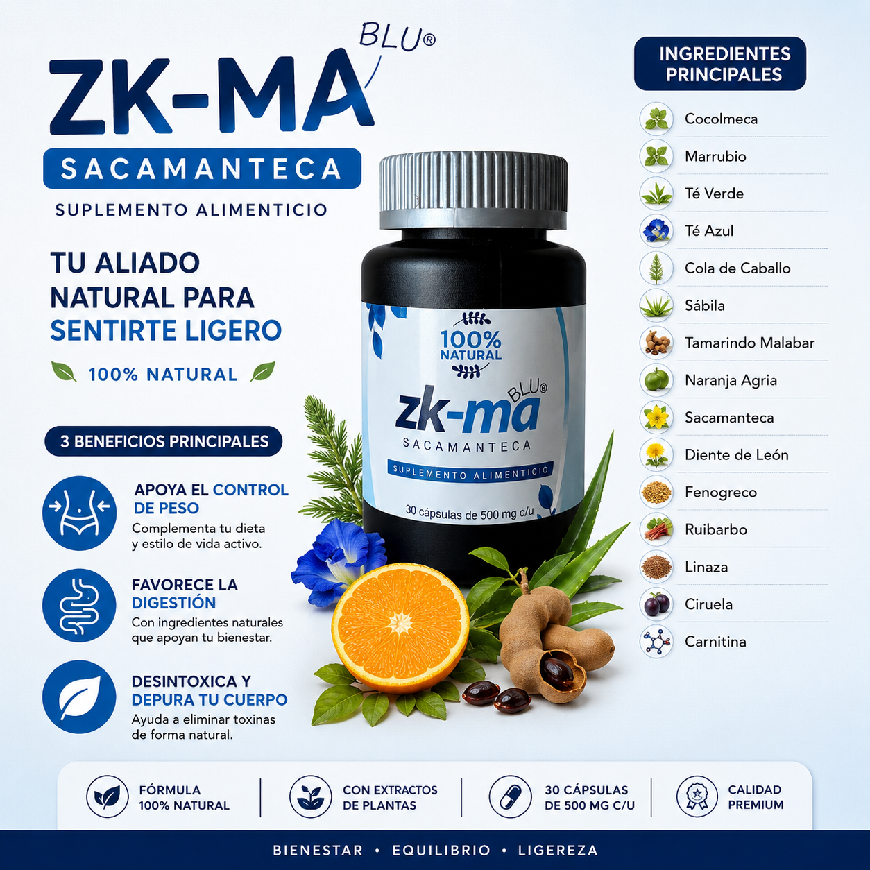 ZK-MA Blue®️ Sacamanteca | Fórmula Herbal con Carnitina, Té Verde y Diente de León | 30 Cápsulas