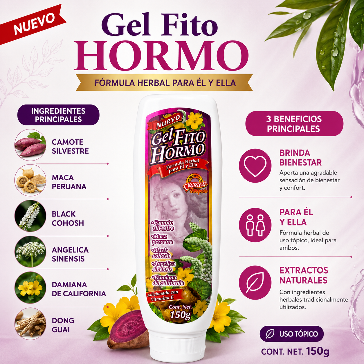 Gel Fito Hormo | Gel Herbal con Maca Peruana, Damiana y Camote Silvestre | Uso Tópico 150 g