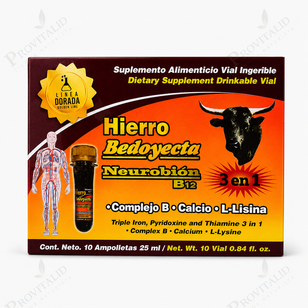 Hierro + Bedoyecta + Neurobión B12 3 en 1 | Complejo B, Calcio y L-Lisina | Energía, Formación de Glóbulos Rojos y Sistema Nervioso | 10 Ampolletas Bebibles
