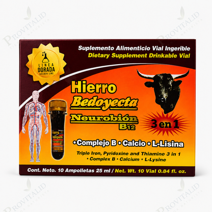 Hierro + Bedoyecta + Neurobión B12 3 en 1 | Complejo B, Calcio y L-Lisina | Energía, Formación de Glóbulos Rojos y Sistema Nervioso | 10 Ampolletas Bebibles