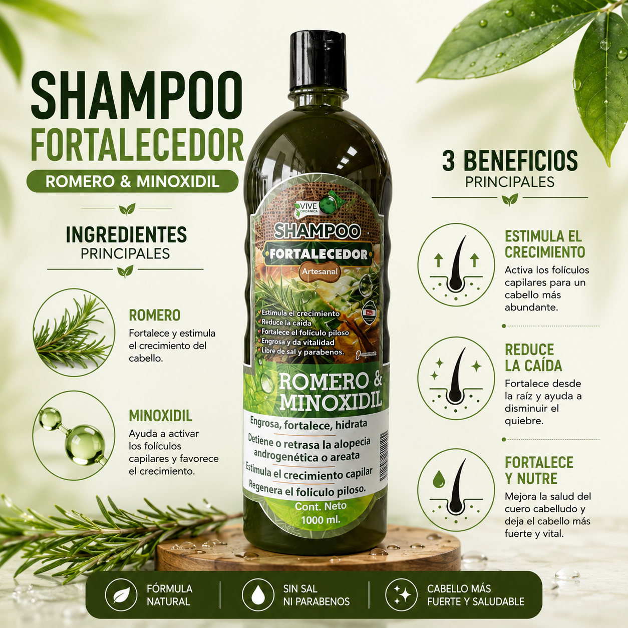 Shampoo de Romero con Minoxidil | Fortalece, Estimula el Crecimiento y Ayuda a Reducir la Caída del Cabello | 1 Litro