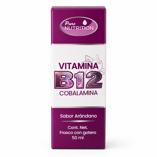 Vitamina B12 Cobalamina Líquida Sabor Arándano | Apoya la Energía, Sistema Nervioso y Concentración | Frasco con Gotero 50 ml