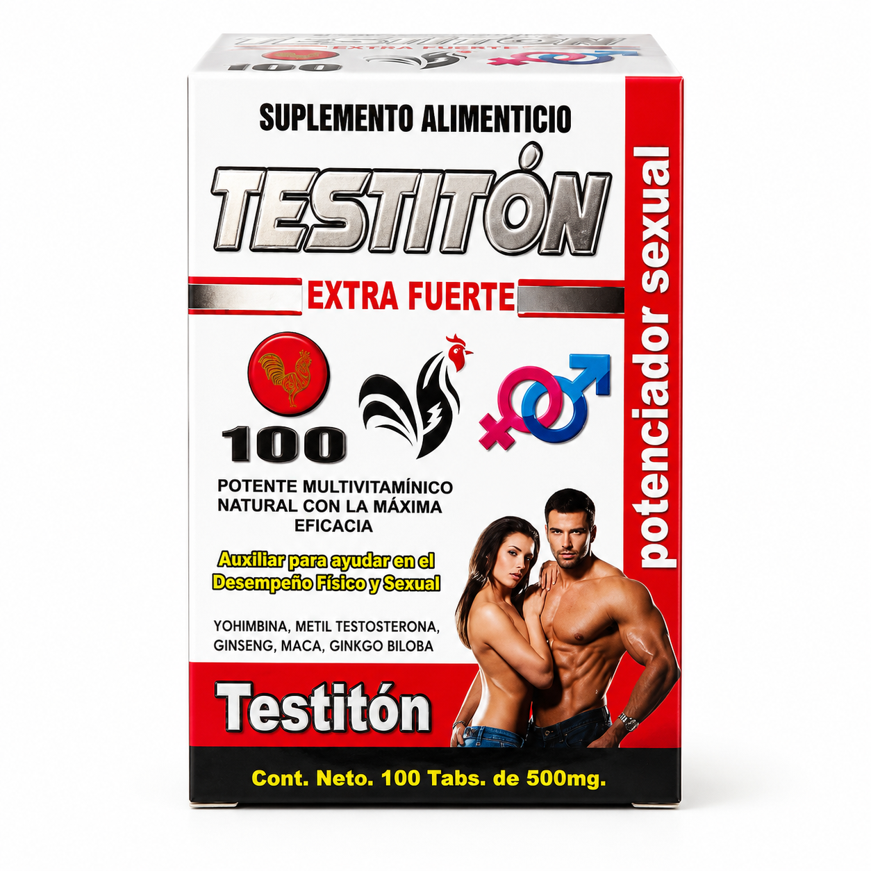 Testitón Extra Fuerte | Fórmula con Ginseng, Maca, Ginkgo Biloba y Yohimbina | Energía, Vitalidad y Rendimiento Masculino