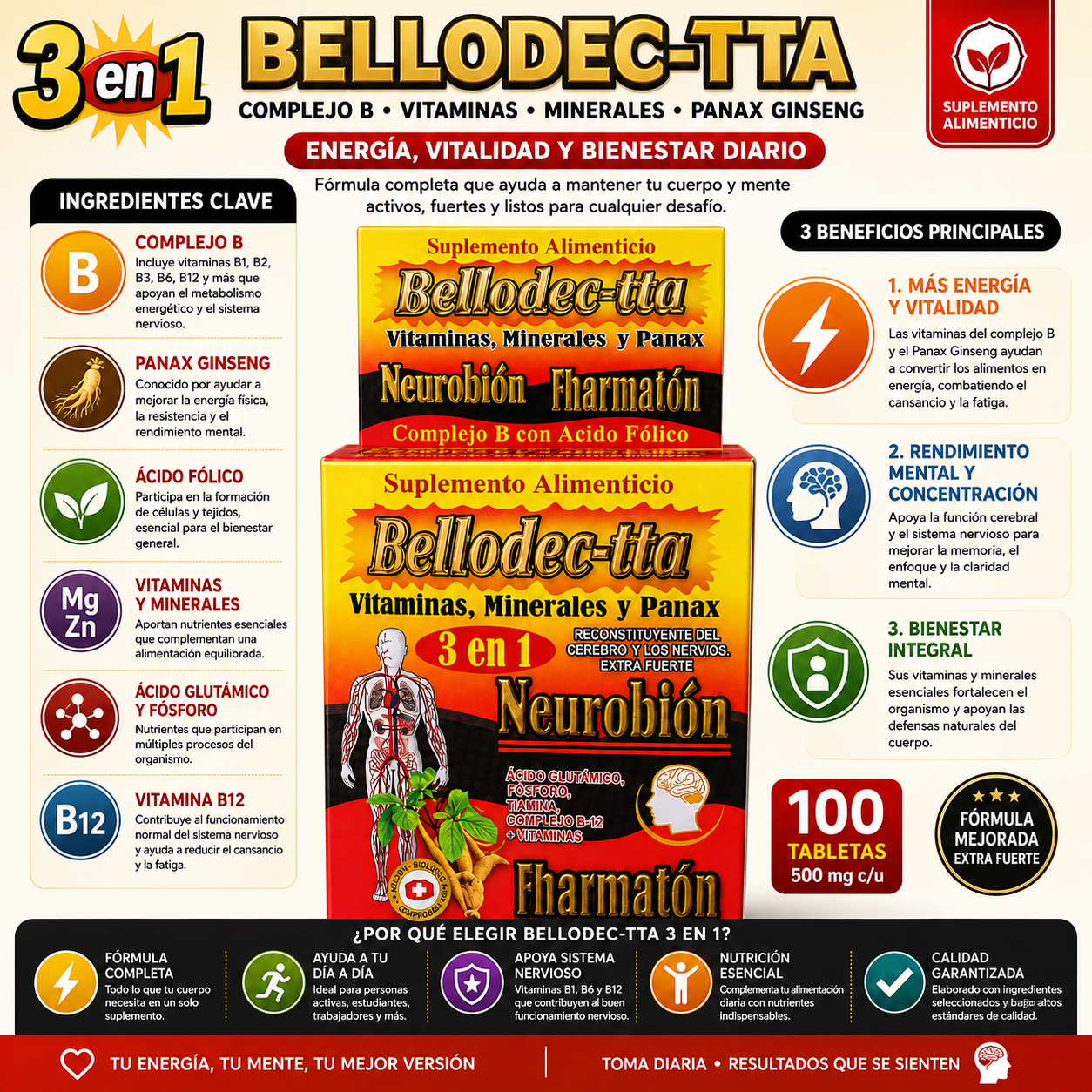 Bellodec-Tta 3 en 1 | Energía Mental y Física | 100 Tabletas