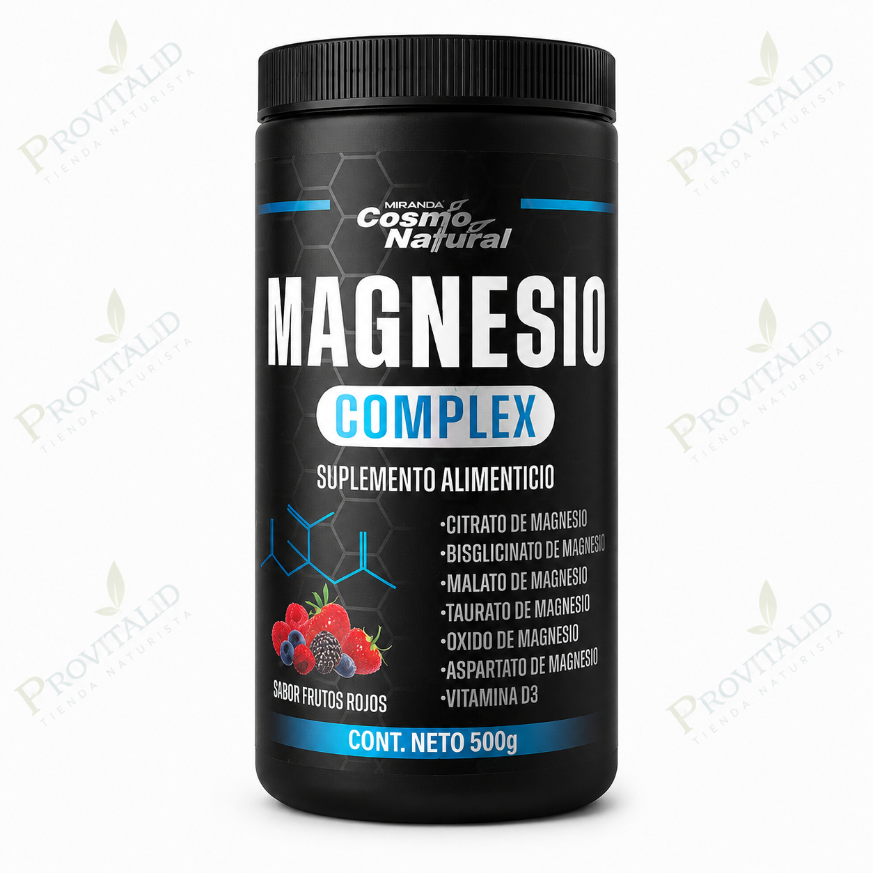 Magnesio Complex 500 g | 6 Fuentes de Magnesio + Vitamina D3 | Sabor Frutos Rojos