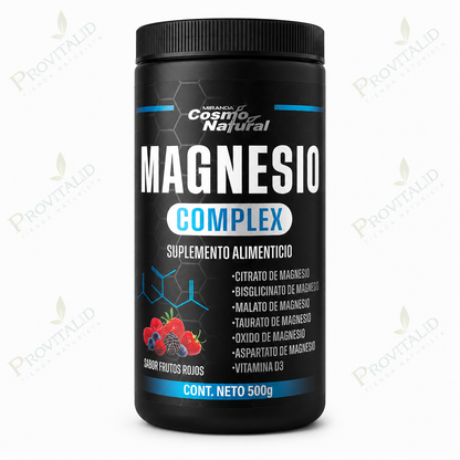 Magnesio Complex 500 g | 6 Fuentes de Magnesio + Vitamina D3 | Sabor Frutos Rojos