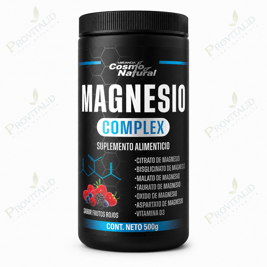 Magnesio Complex 500 g | 6 Fuentes de Magnesio + Vitamina D3 | Sabor Frutos Rojos