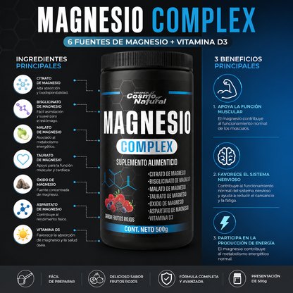 Magnesio Complex 500 g | 6 Fuentes de Magnesio + Vitamina D3 | Sabor Frutos Rojos