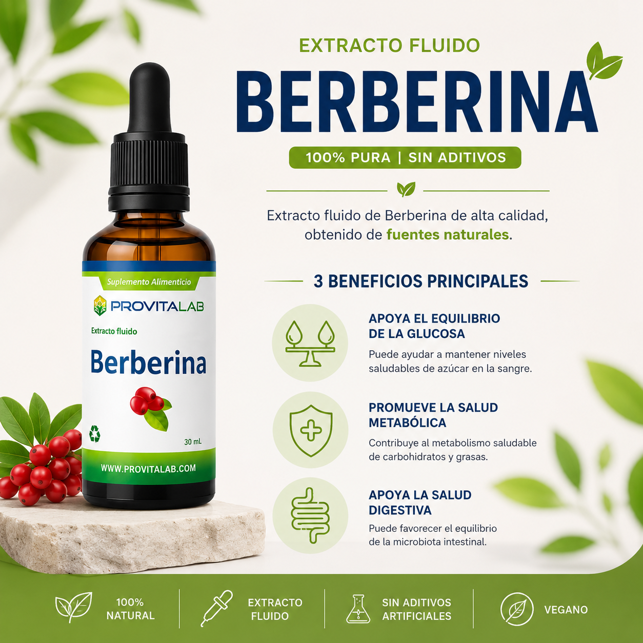 Berberina Líquida 30 mL | Extracto Fluido de Berberina 100% Pura