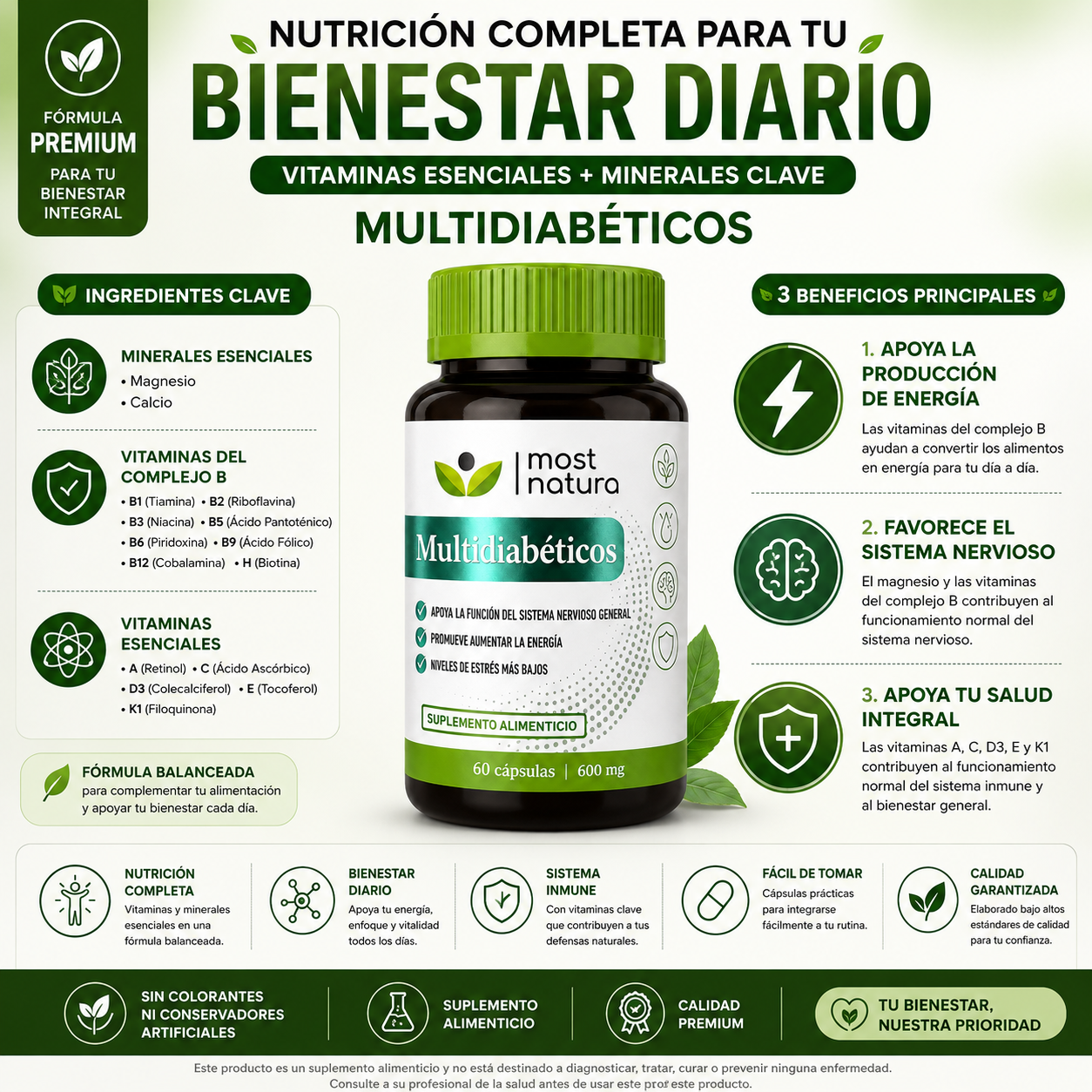 Multidiabéticos 600 mg | Multivitamínico Completo | 60 Cápsulas