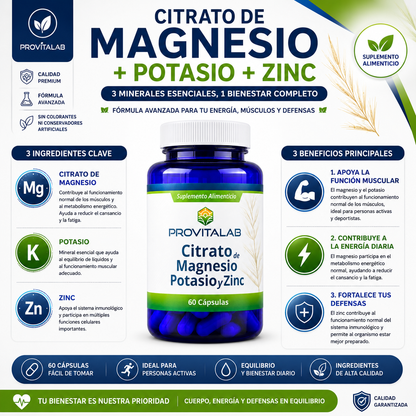 Citrato de Magnesio + Potasio + Zinc | 60 Cápsulas | Soporte Muscular y Bienestar Diario