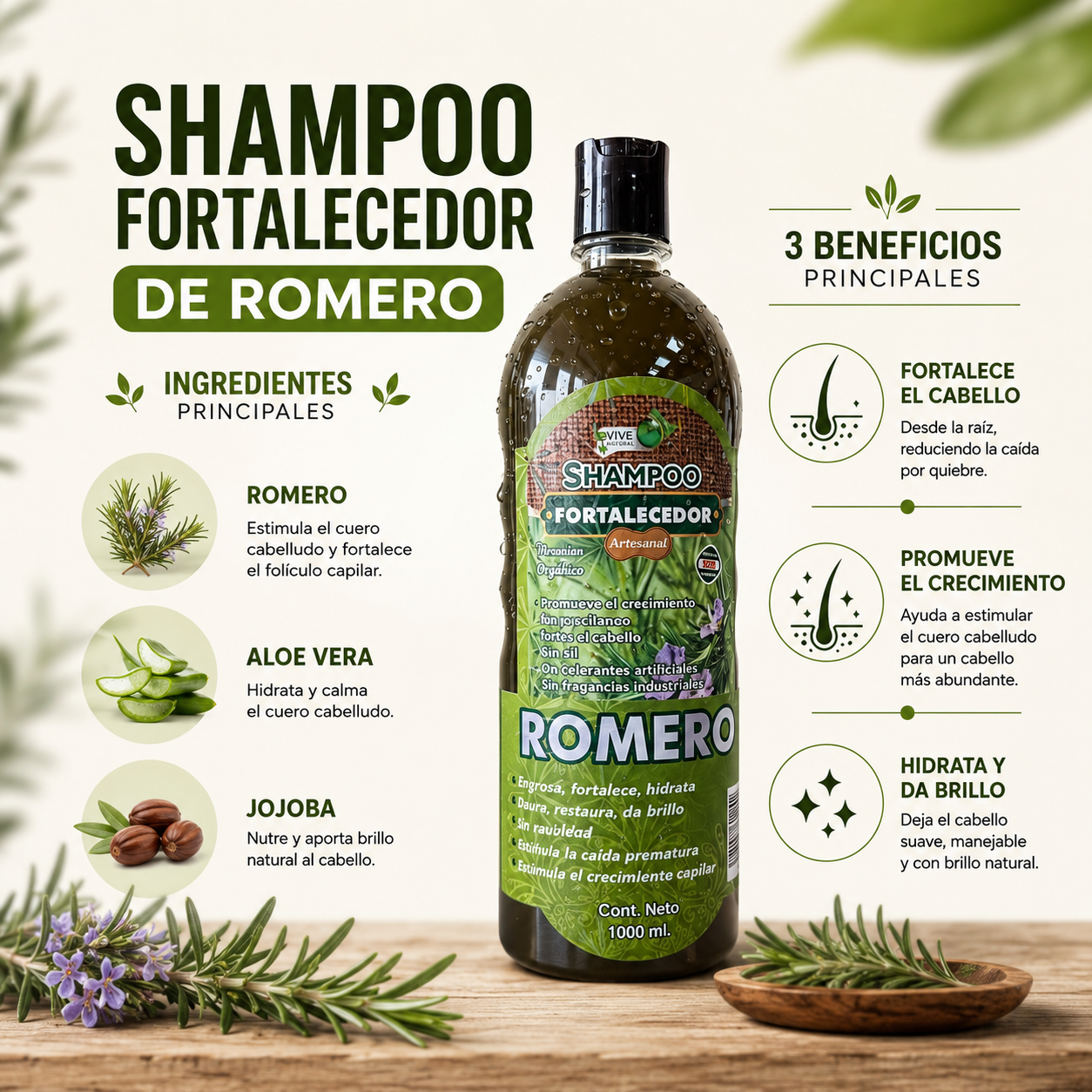 Shampoo Fortalecedor de Romero | Cabello Más Fuerte, Abundante y Saludable