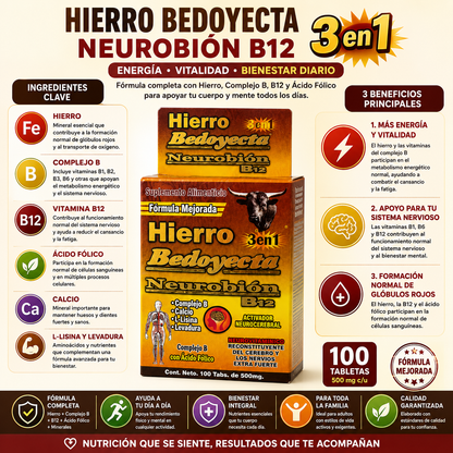 Hierro + Bedoyecta + Neurobión B12 3 en 1 | Complejo B, Hierro y Ácido Fólico | 100 Tabletas