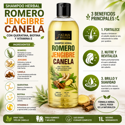 Shampoo Fortalecedor de Romero, Jengibre y Canela | 1 L Alma Belleza