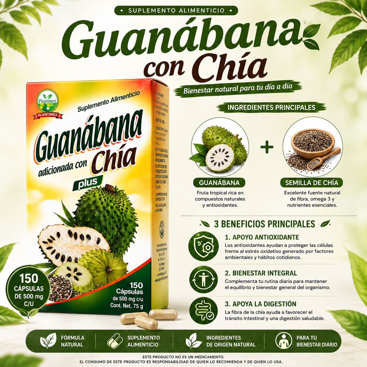 Guanábana con Chía | 150 Cápsulas de 500 mg | Fuente Natural de Antioxidantes