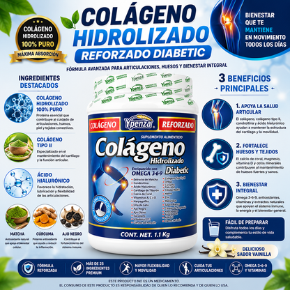 Colágeno Hidrolizado Reforzado Diabetic | Omega 3-6-9, Colágeno Tipo II y Ácido Hialurónico | 1.1 kg