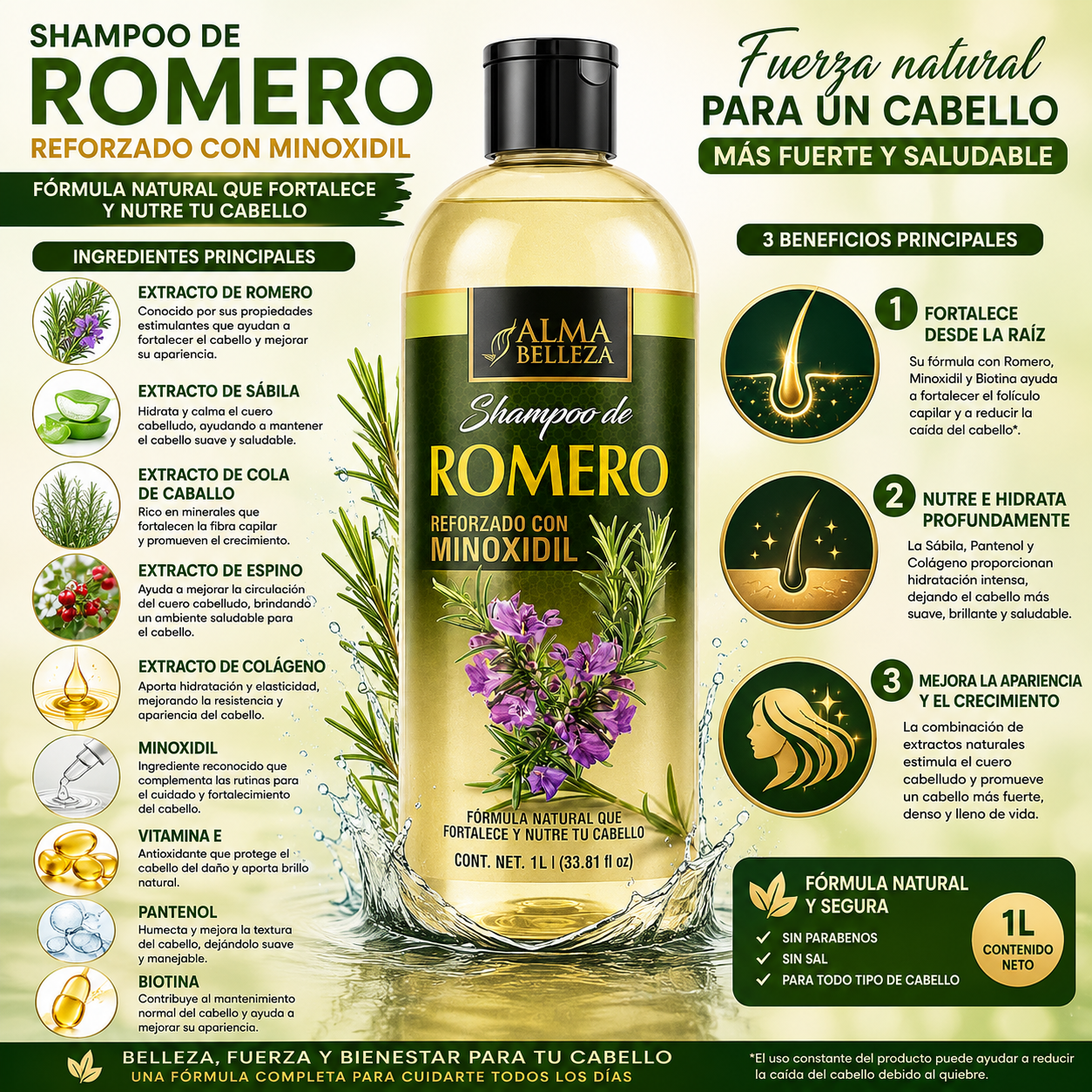 Shampoo de Romero con Minoxidil | Fortalece y Nutre tu Cabello | 1 L