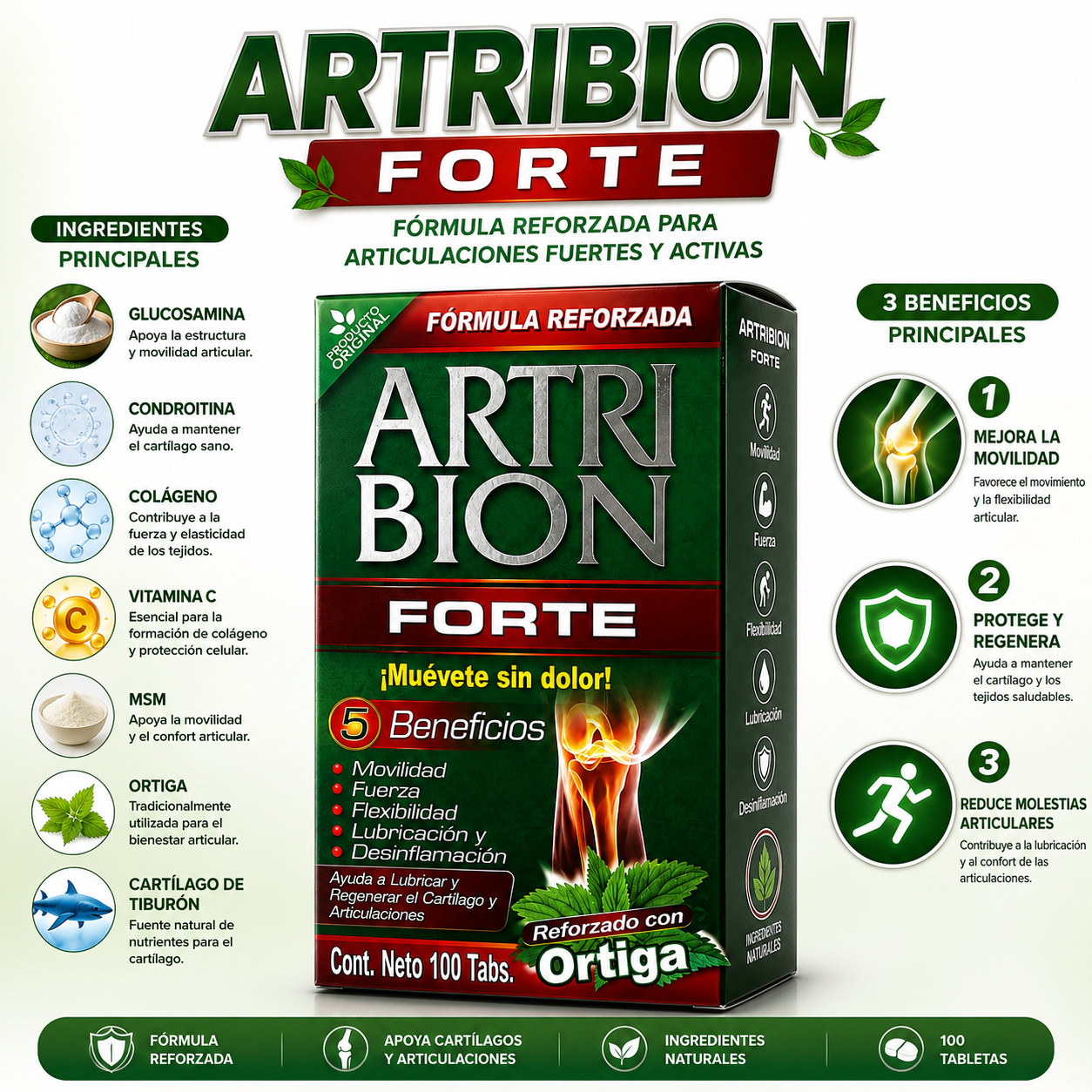 Artribion Forte | Glucosamina, Condroitina y Colágeno | Soporte Integral para Articulaciones | 100 Tabletas