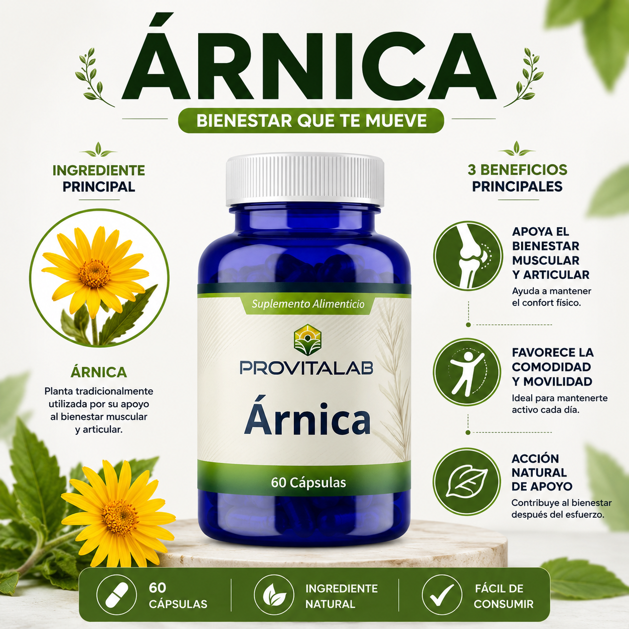 Árnica 500 mg | Apoyo Natural para Músculos, Articulaciones y Bienestar Diario