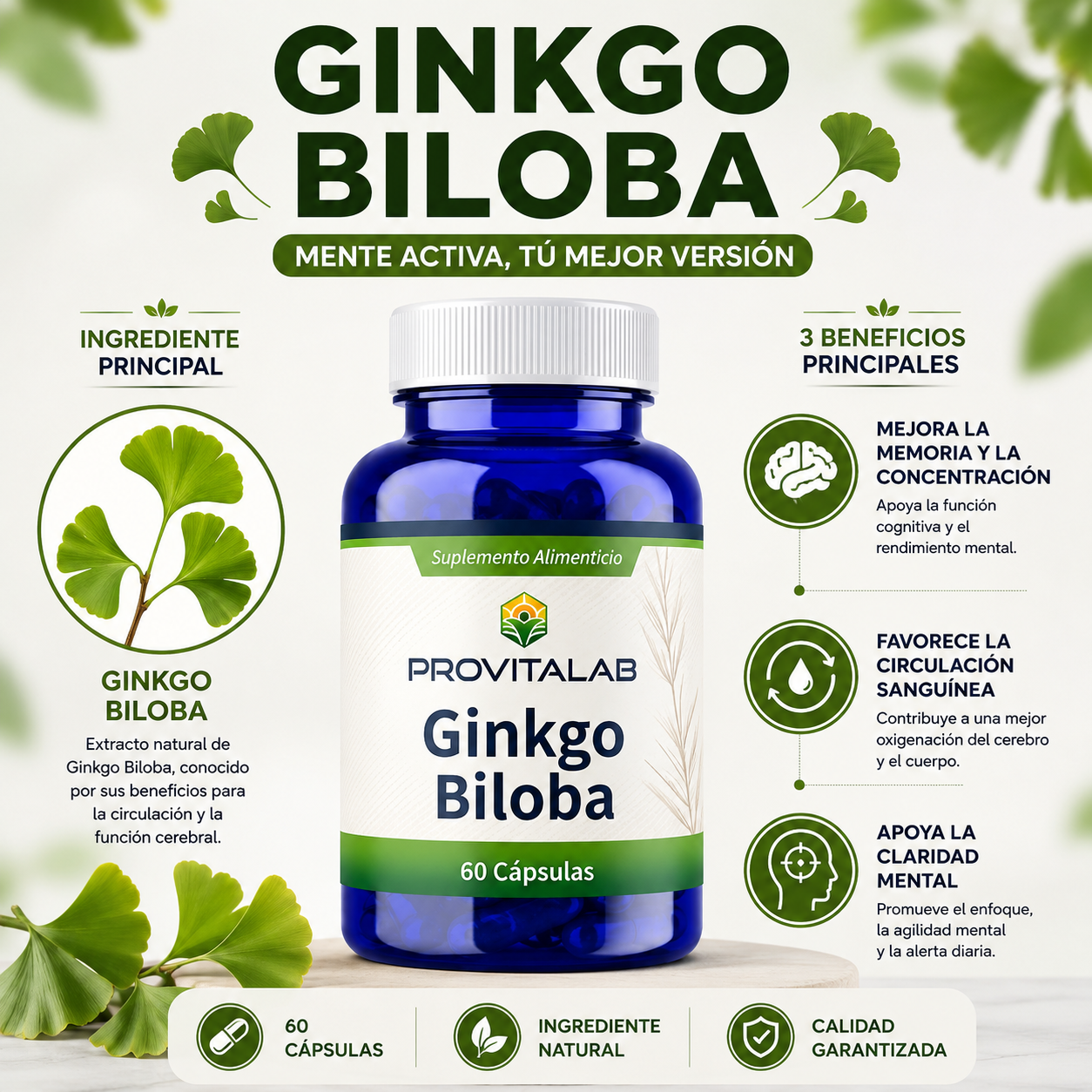 Ginkgo Biloba Provitalab 60 Cápsulas | Memoria, Concentración y Circulación