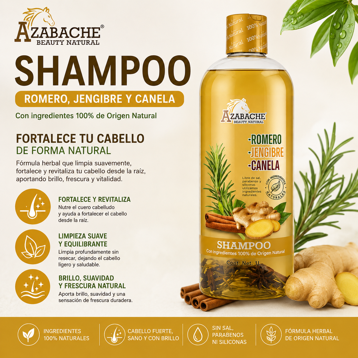 Shampoo Orgánico de Romero, Jengibre y Canela | Fortalece, Limpia y Revitaliza el Cabello | 1 Litro