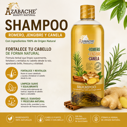Shampoo Orgánico de Romero, Jengibre y Canela | Fortalece, Limpia y Revitaliza el Cabello | 1 Litro