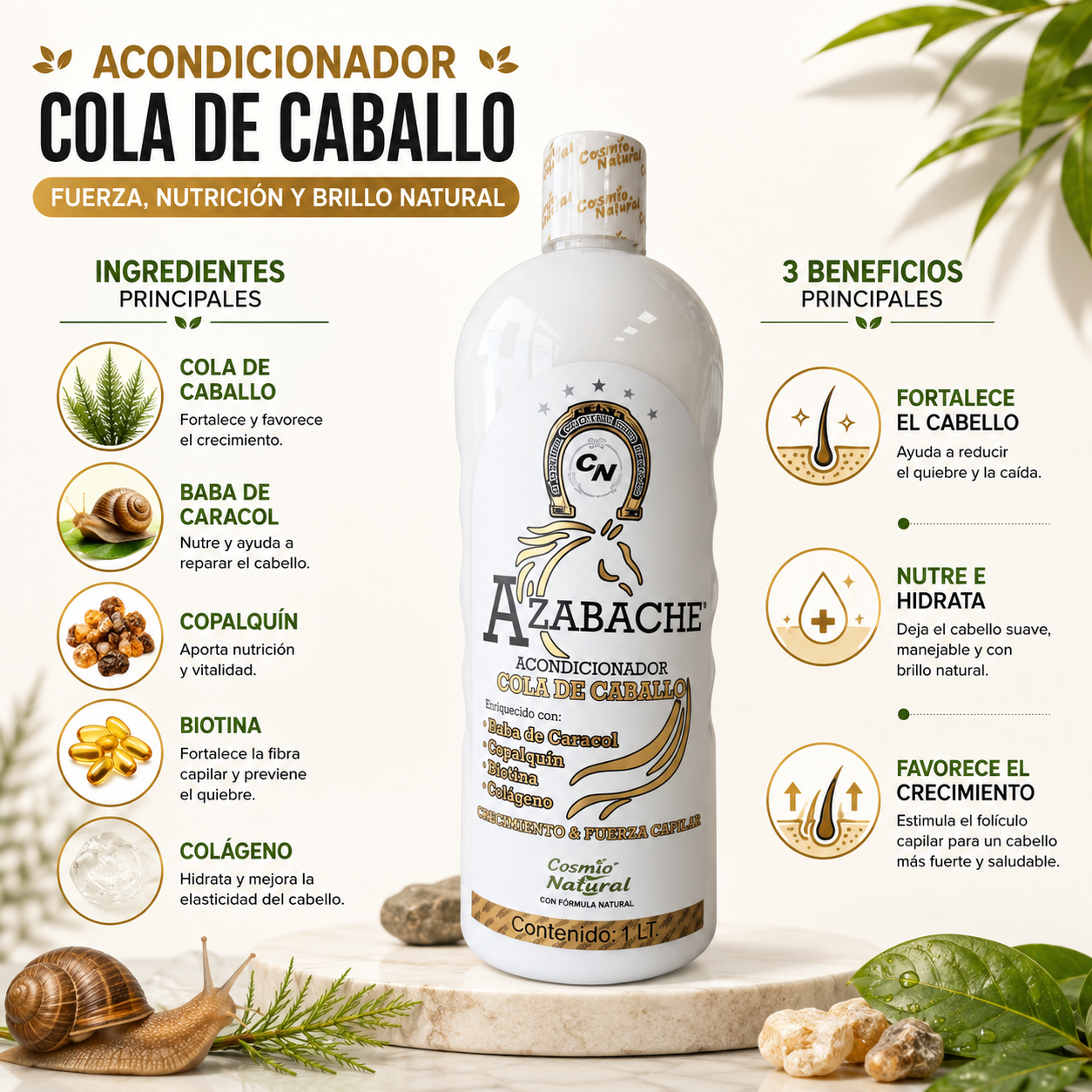 Acondicionador Cola de Caballo con Baba de Caracol y Colágeno | Fortalece, Repara e Hidrata el Cabello