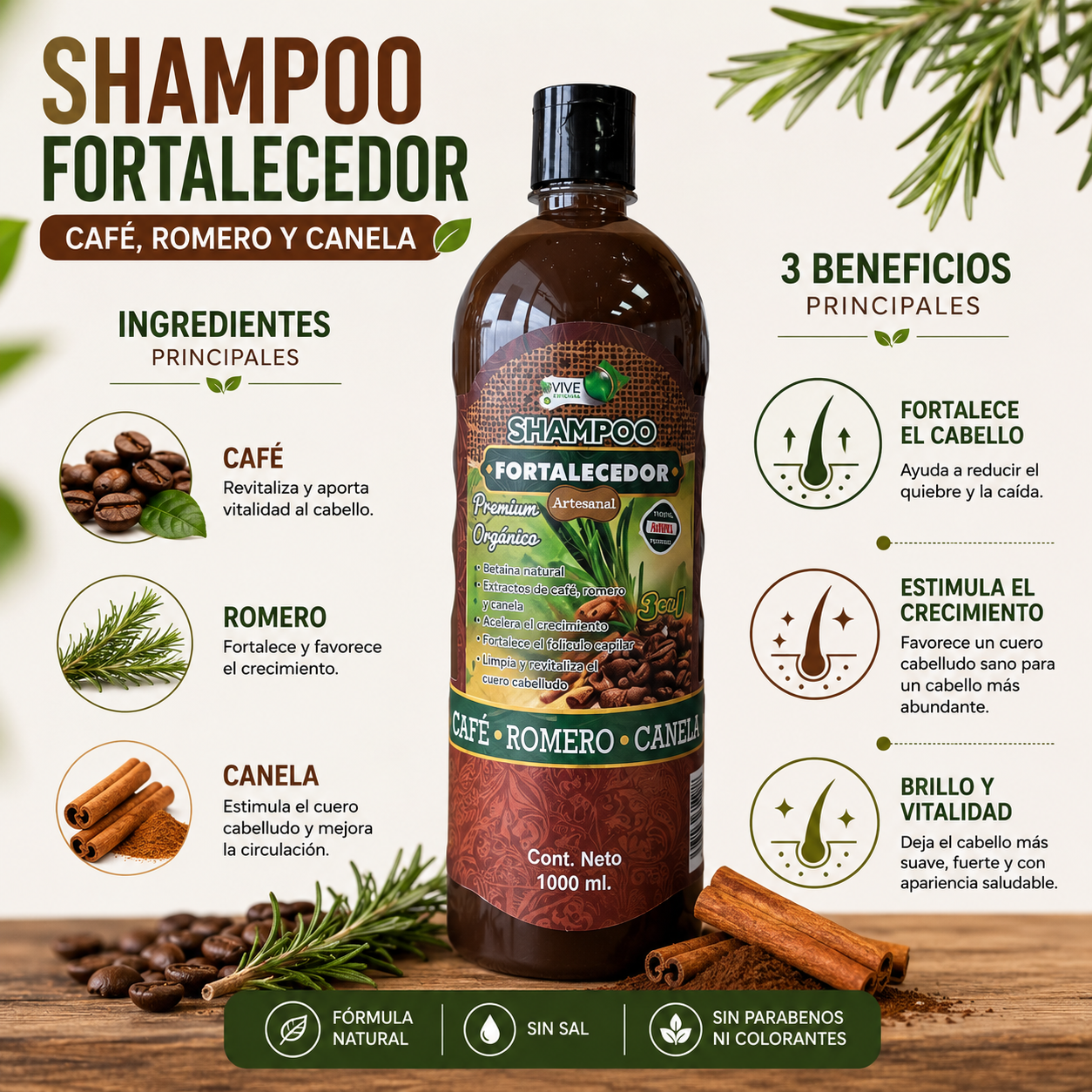 Shampoo Fortalecedor de Café, Romero y Canela | Ayuda a Fortalecer, Revitalizar y Dar Más Vitalidad al Cabello