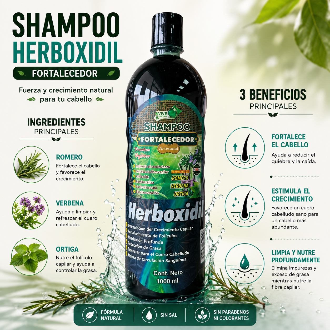 Shampoo Herboxidil con Romero, Ortiga y Verbena | Ayuda a Fortalecer, Revitalizar y Favorecer el Crecimiento del Cabello